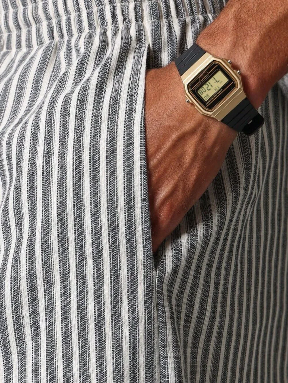 Grey Striped Men's Loose Elastic Waist Straight Lounge Pants
